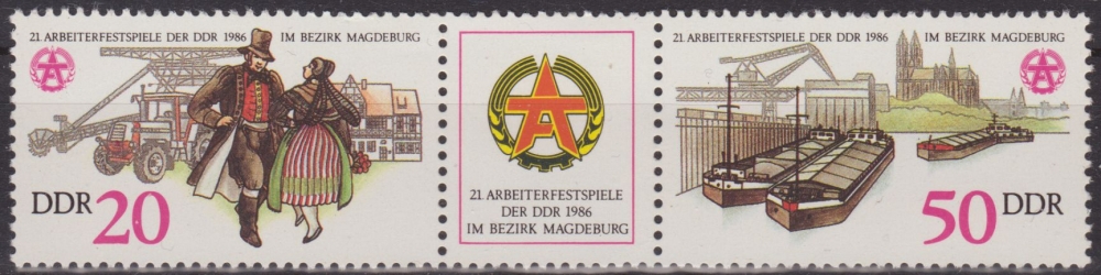 Alemania DDR 1986 Scott 2551/2 Sellos ** Trabajadores en Traje Popular y Puerto de Magdeburgo Rio Elbe Timbres Allemagne Germania Germany Alemagne Deutschland